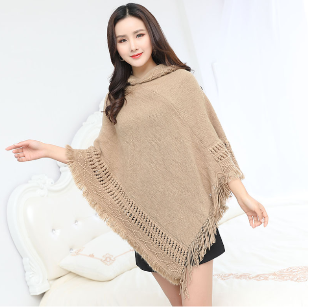 Hooded Solid Color Fringe Cape Shawl