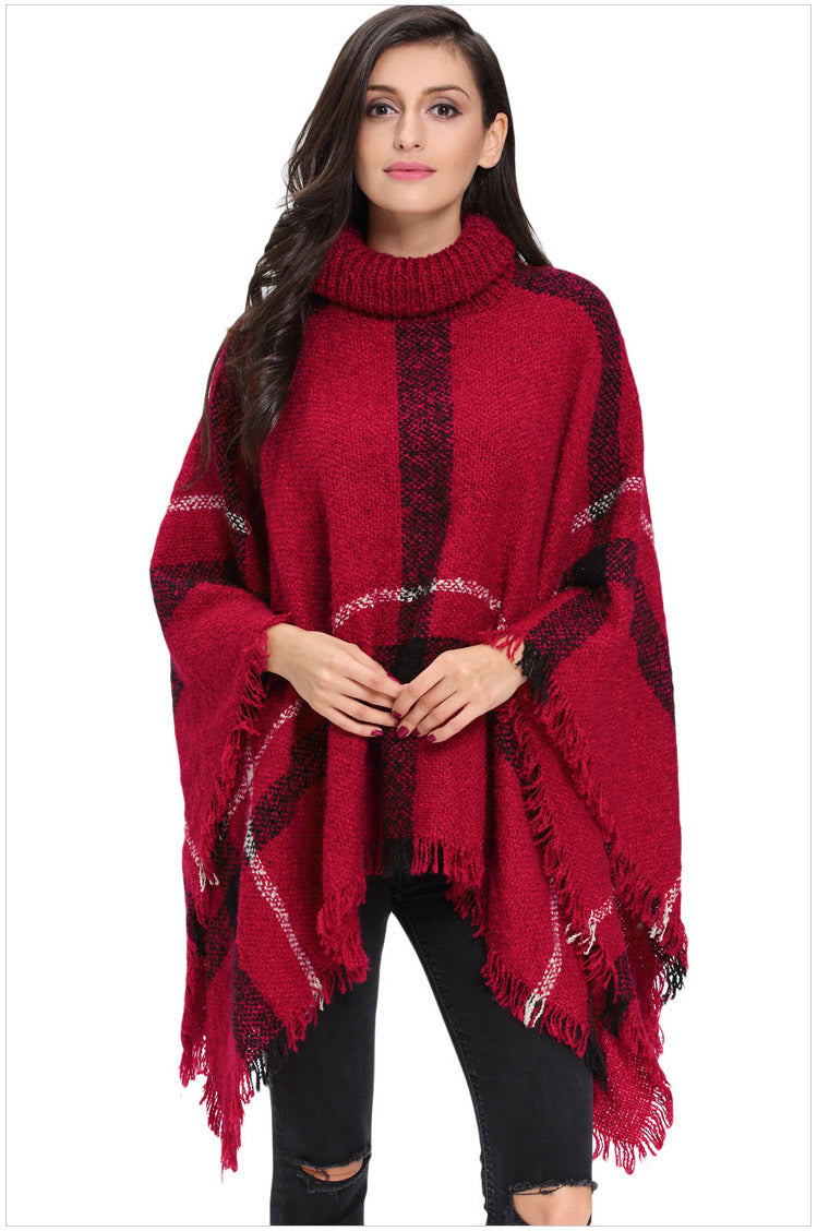 Knit Sweater with Turtleneck and Fringe Cape Design