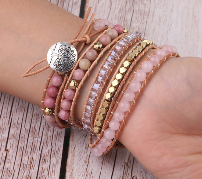 Natural Pink Quartz and Wood Stone Multi-Layer Bracelet
