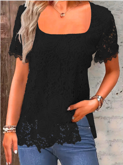 V-Neck Short Sleeve Lace Blouse (One Piece)
