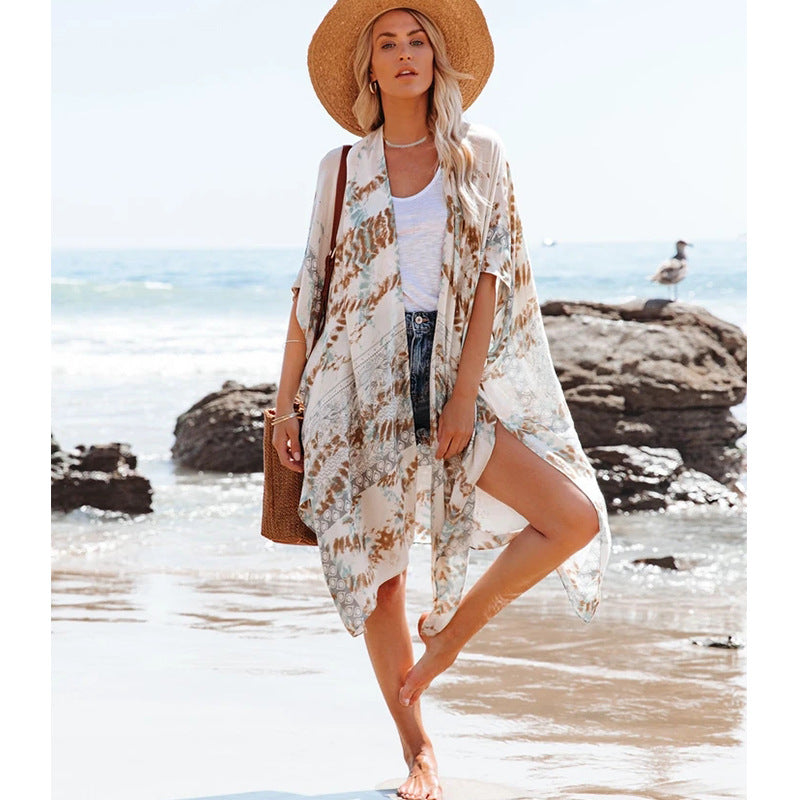 Mid-Length Slit Chiffon Printed Sun Blouse