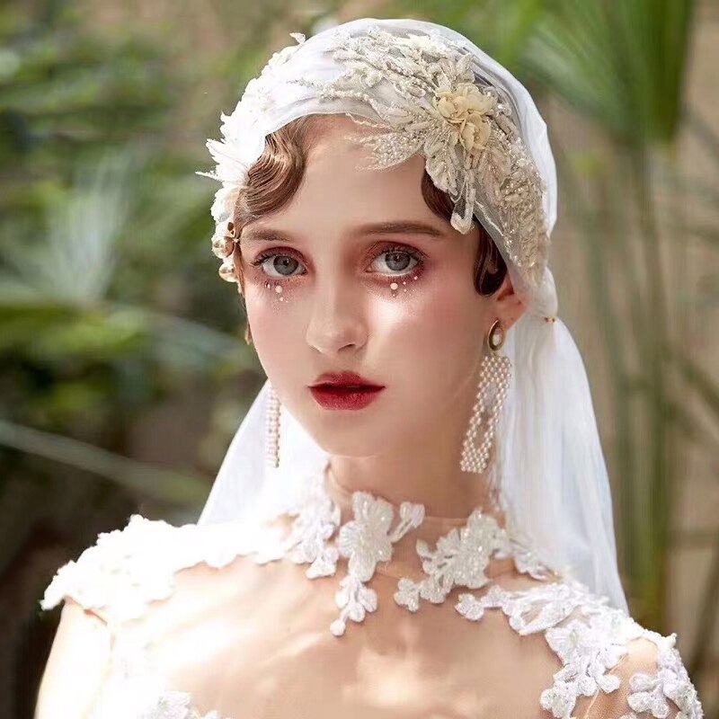 Cute Bride Handcrafted Embroidered Sequin Veil Hat