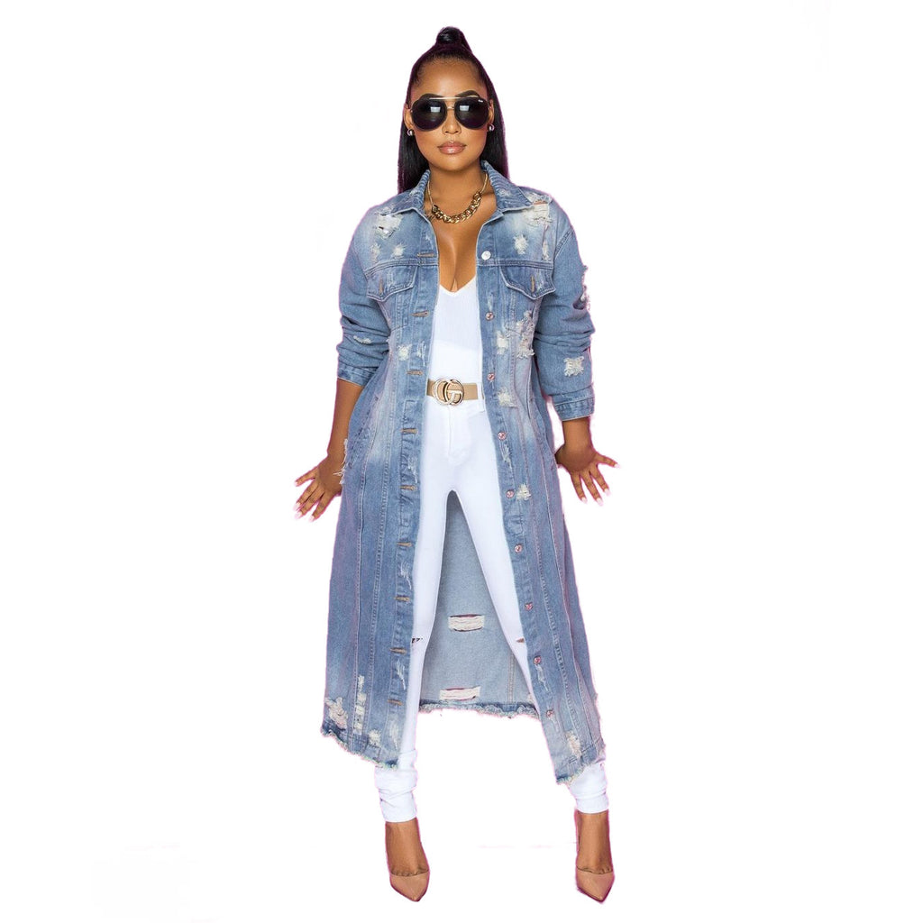 Women's Blue Ripped Denim Jacket - Loose Fit, Long Sleeve