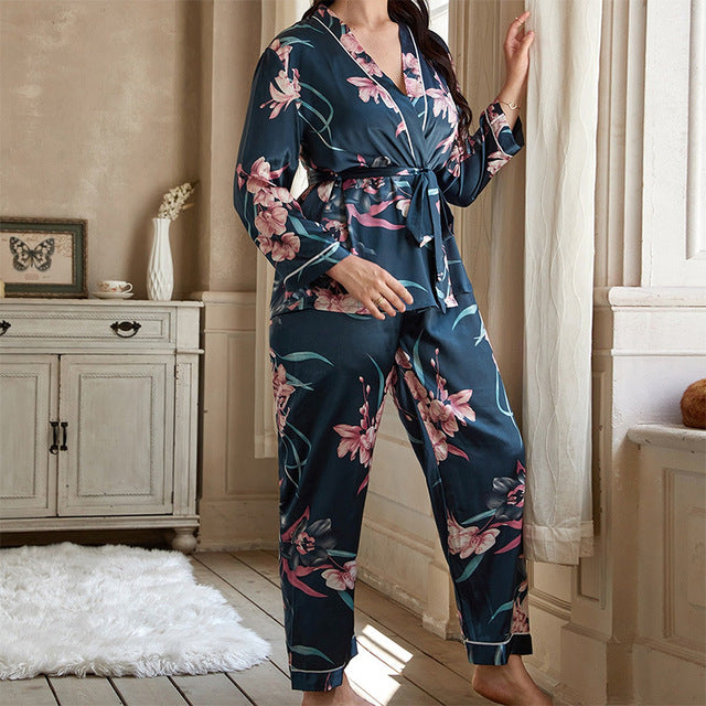 5XL Large Satin Women's Pajamas Set with Robe & Trousers