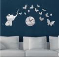 3D Elephant Butterfly Mirror Wall Clock Decor