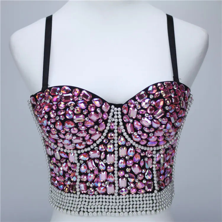 Beaded Crop Top with Rhinestone Straps
