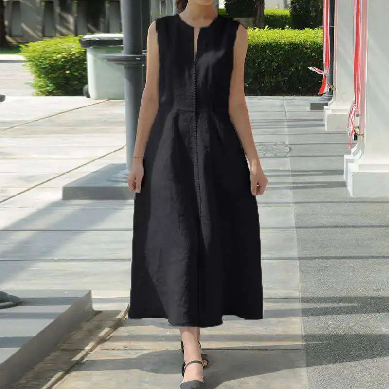V-Neck Belted Cotton Dress with Side Slits (Sleeveless)