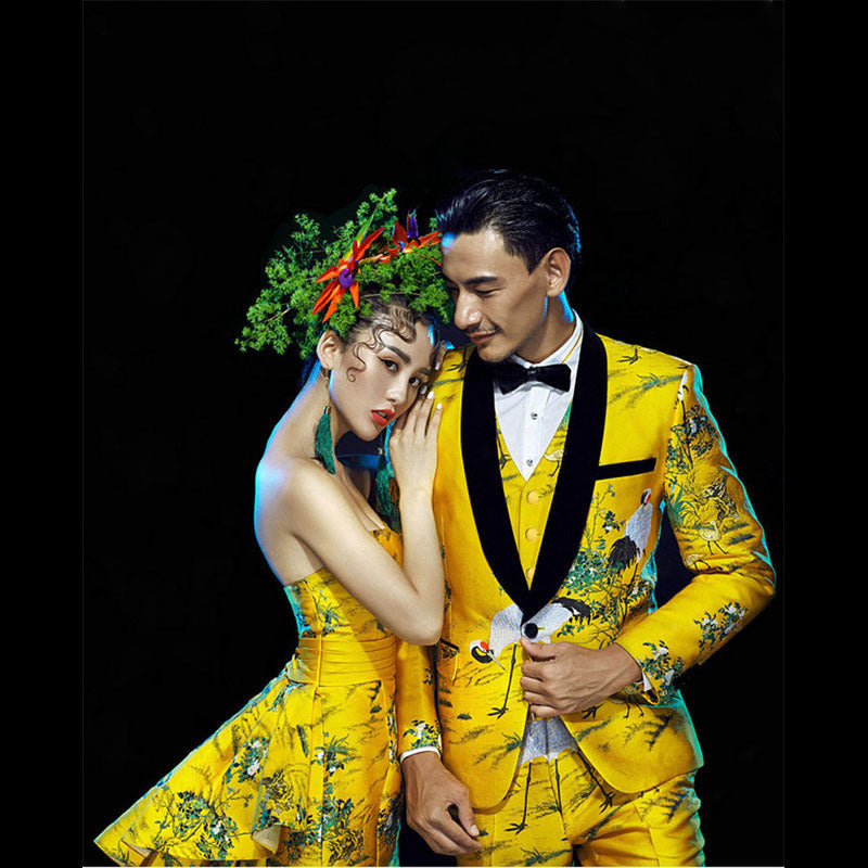 Men's Gold Yellow 4-Piece Jacquard Suit Set with Crane Pattern