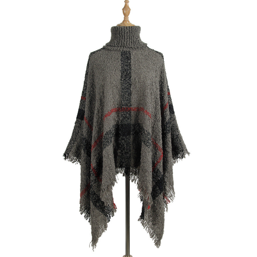 Knit Sweater with Turtleneck and Fringe Cape Design