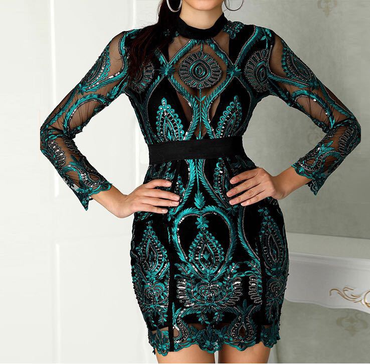 2020 New Fashion Sequined Long Sleeve Bodycon Dress