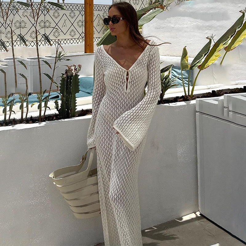 Summer Women's Solid Color Knitted Beach Cover-Up Dress