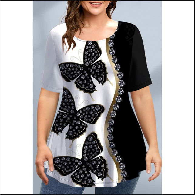 2023 Plus Size Loose Graphic Tee with Asymmetrical Hem