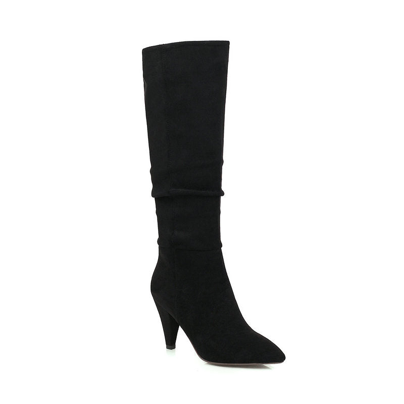 Tapered Heel Pointed Toe Leather Velvet High Boots
