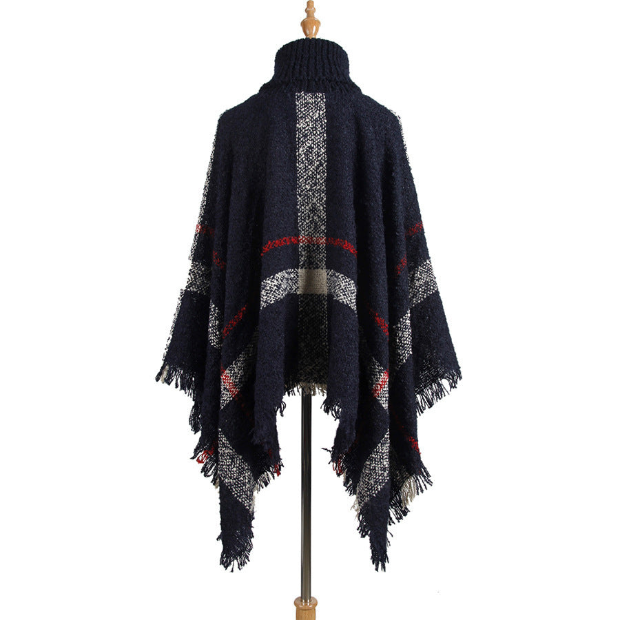 Knit Sweater with Turtleneck and Fringe Cape Design