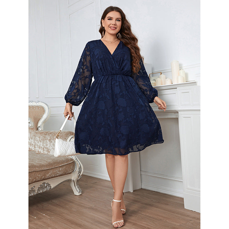 V-neck Large Size Dress with Lantern Sleeve Design