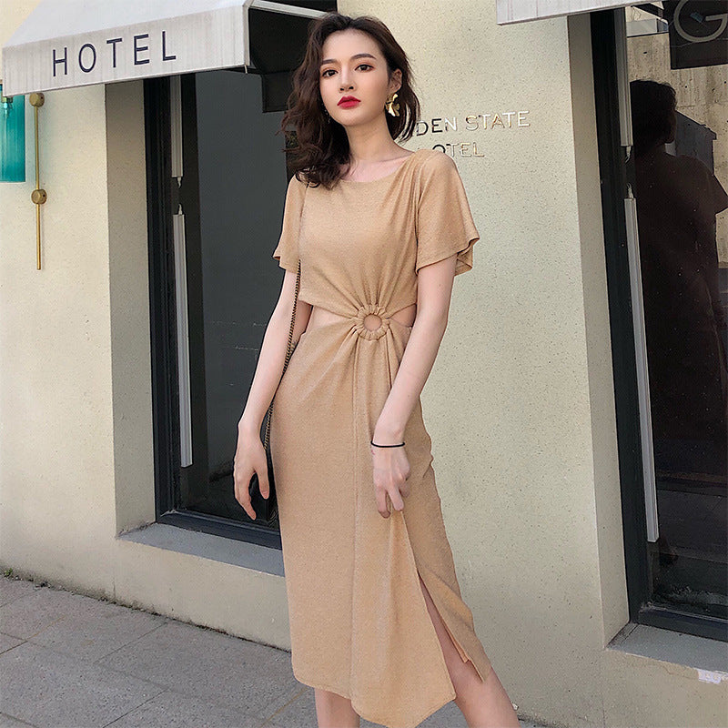 Summer Cut-Out Knitted Dress with Short Sleeves for Women