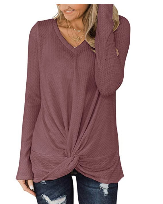 Waffle V-neck Long Sleeve Twisted Knit Top