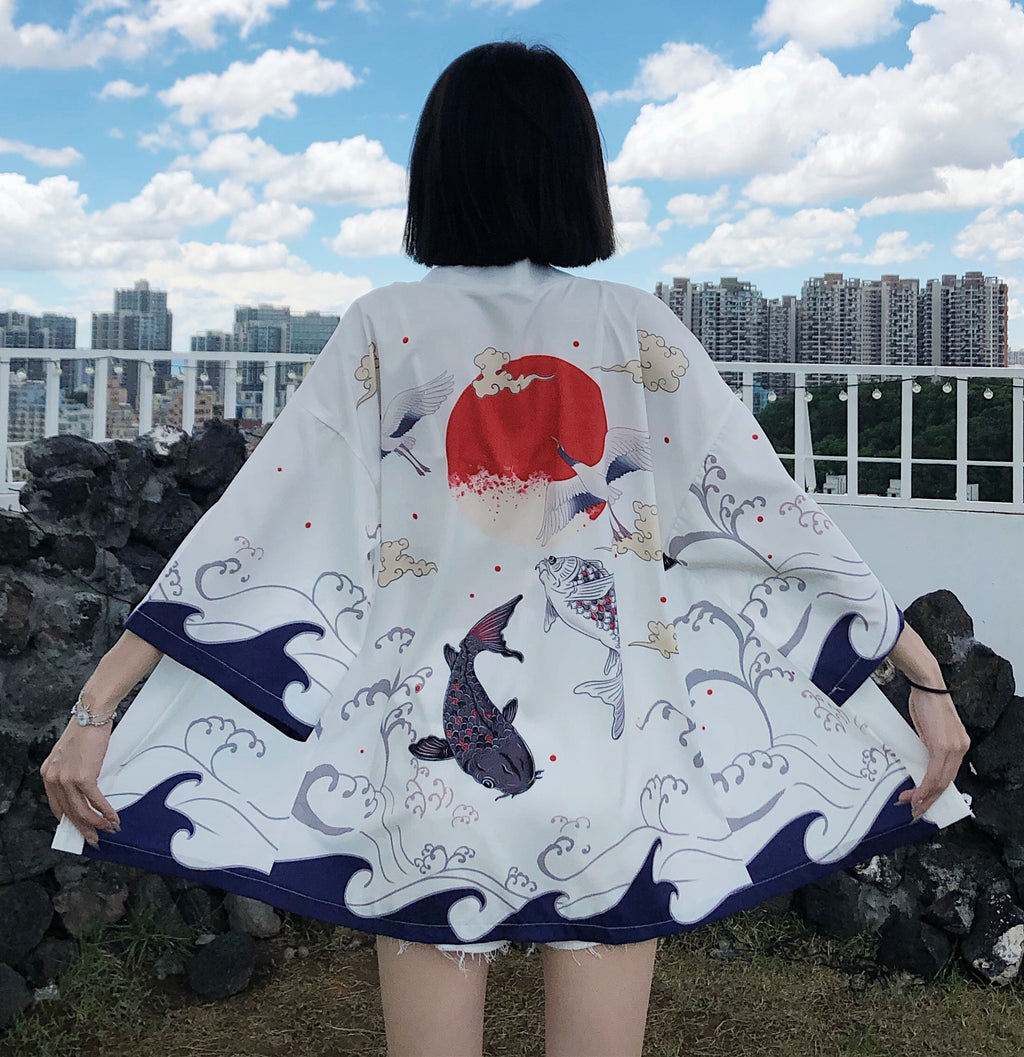 Summer Chinese Style Fish Print Sun Protection Kimono Set