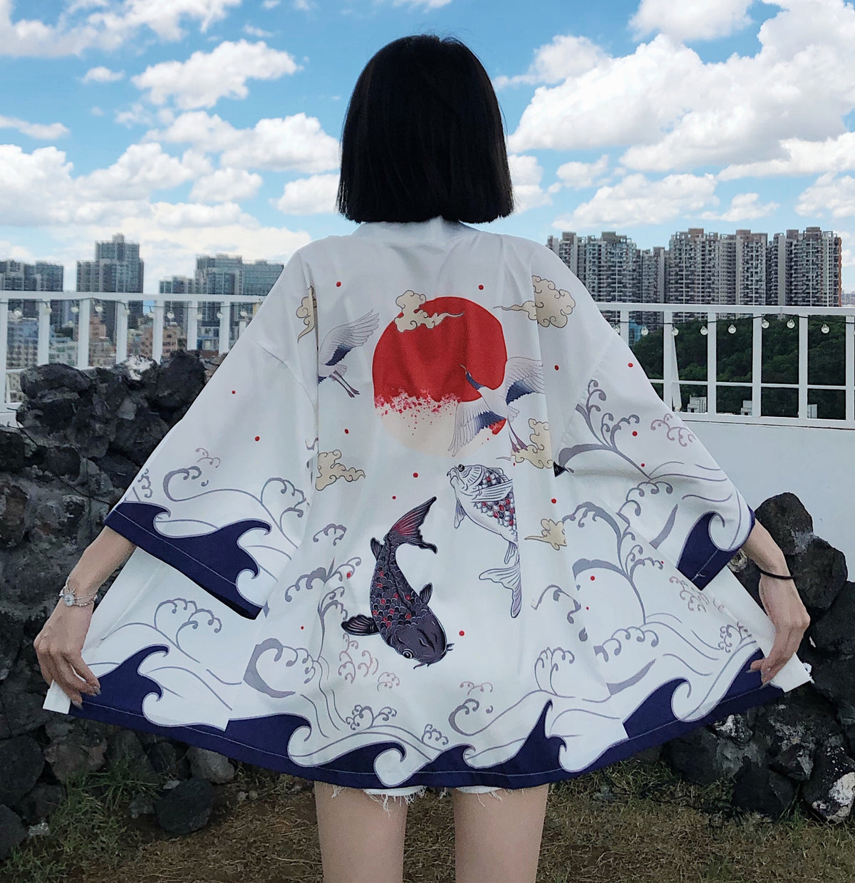 Summer Chinese Style Fish Print Sun Protection Kimono Set