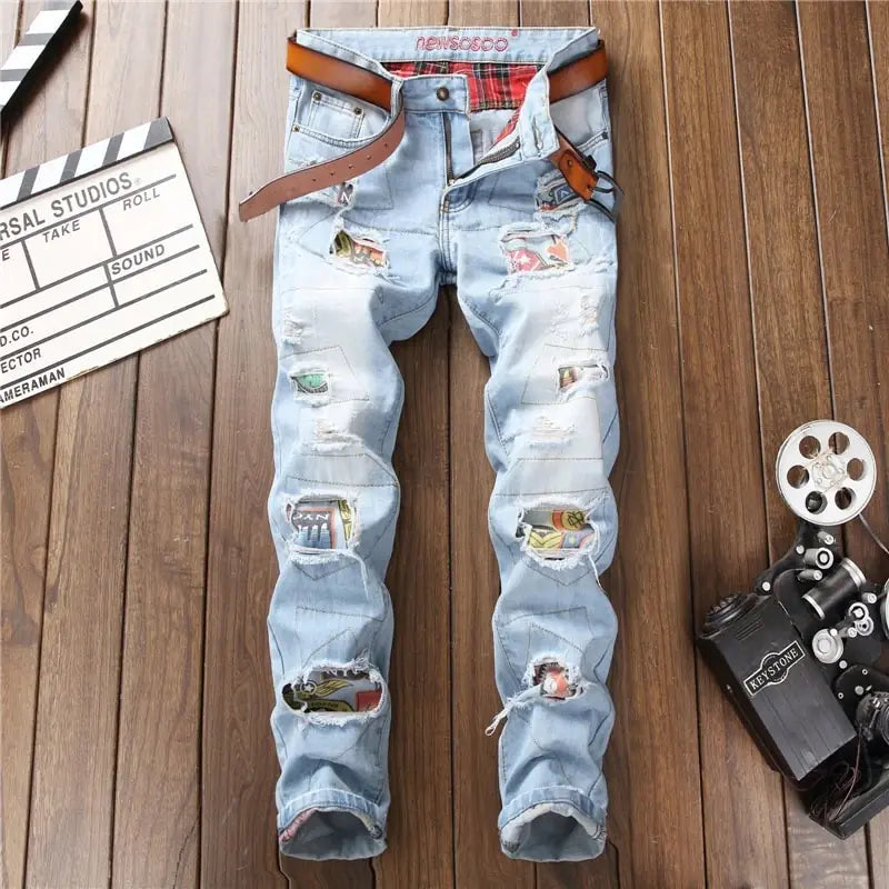 Men's Slim Fit Ripped Patchwork Denim Jeans