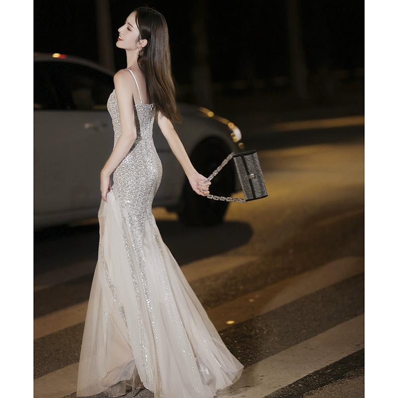Elegant Silver Sequined Fishtail Evening Dress