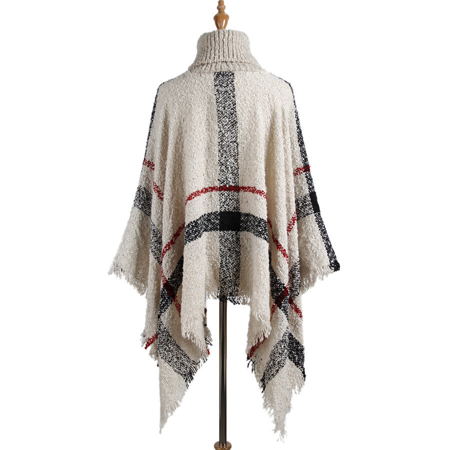 Knit Sweater with Turtleneck and Fringe Cape Design