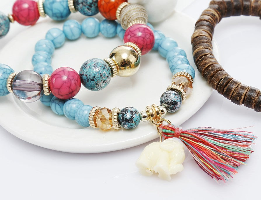 Stylish Elephant Charm Beaded Bracelet with Tassels