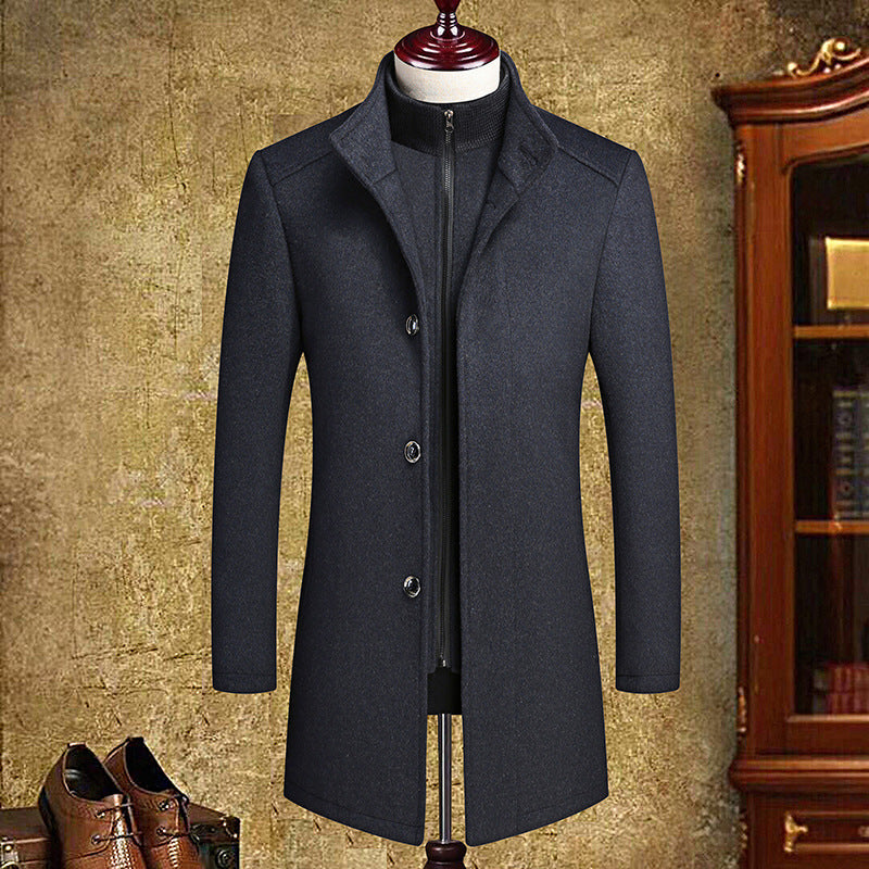 Men's Mid-Length Woolen Coat with Detachable Liner