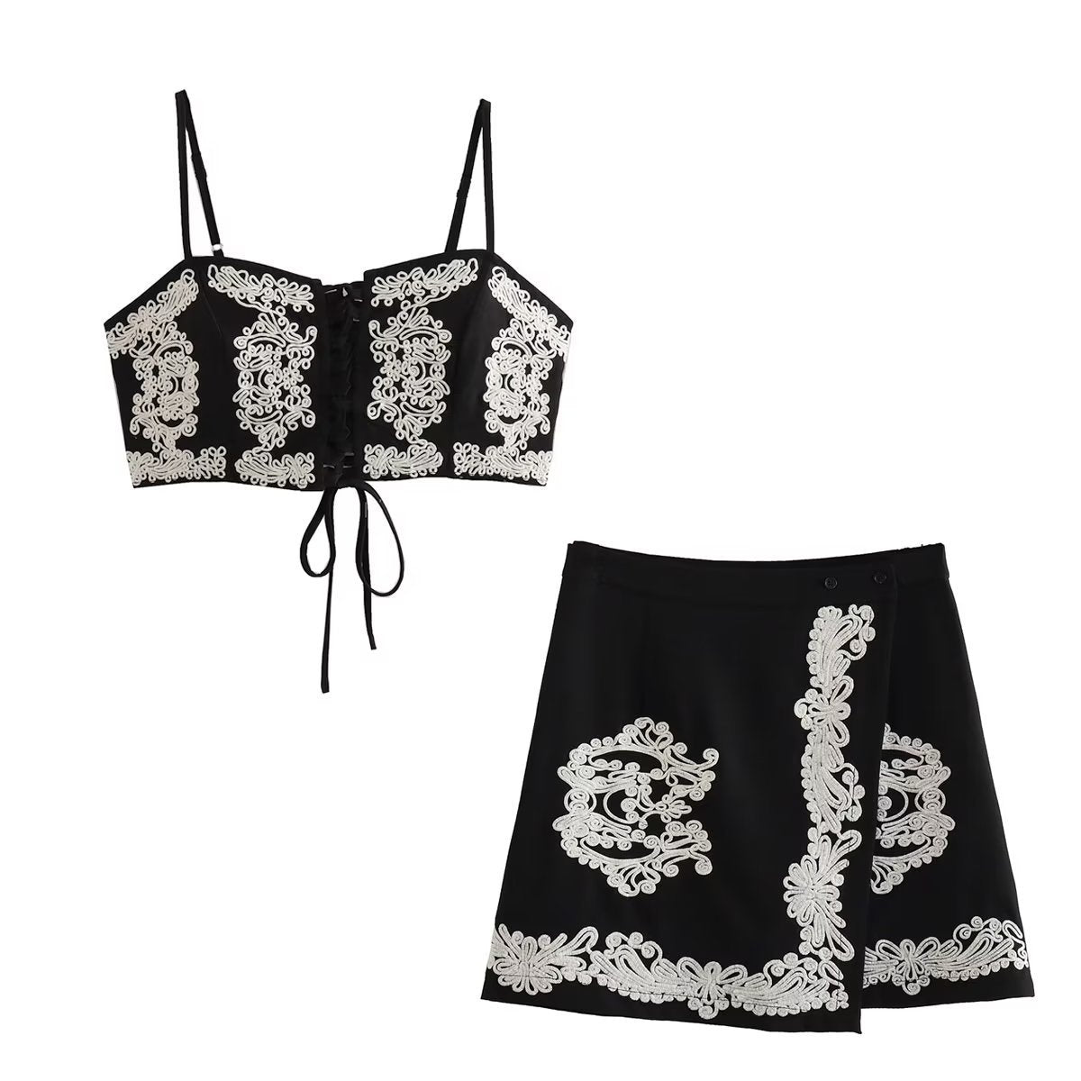 H&M Women's New Embroidered Summer Set with Top & Skirt