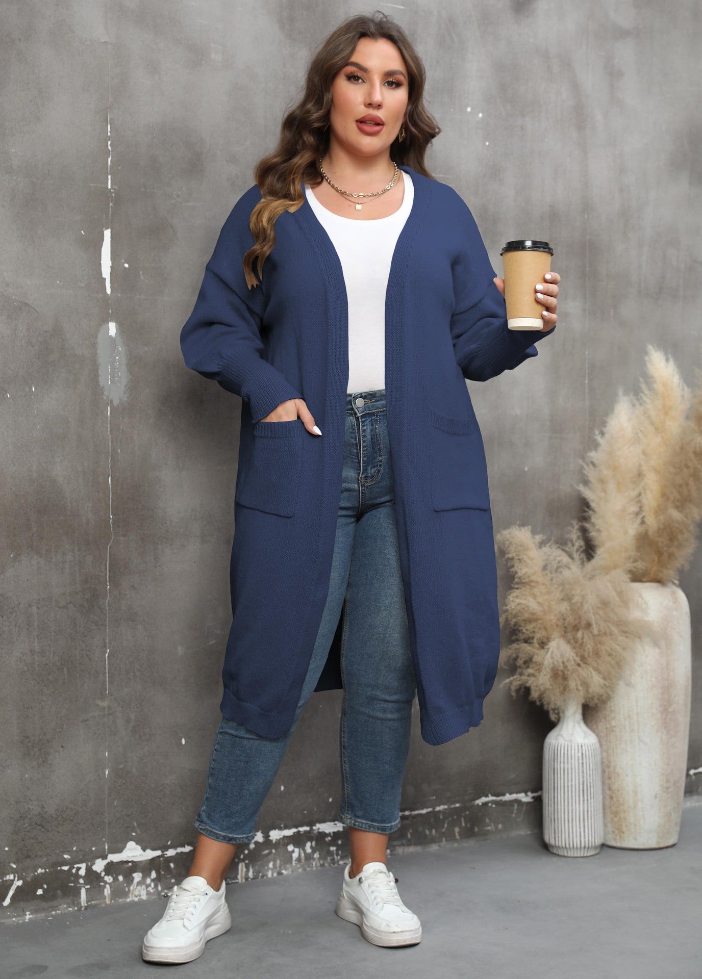 Large Loose Mid-Length Woven Sweater Coat with Pockets