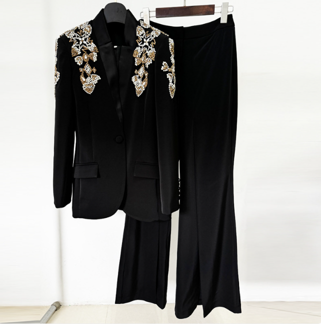 Women's Exquisite Rhinestone Beaded Blazer & Split Trousers Suit - Stand Collar, Street Fashion, Black