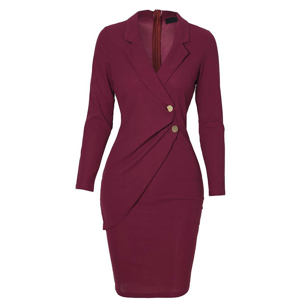 Buttoned Long Sleeve Bodycon Dress for Work (In Stock)