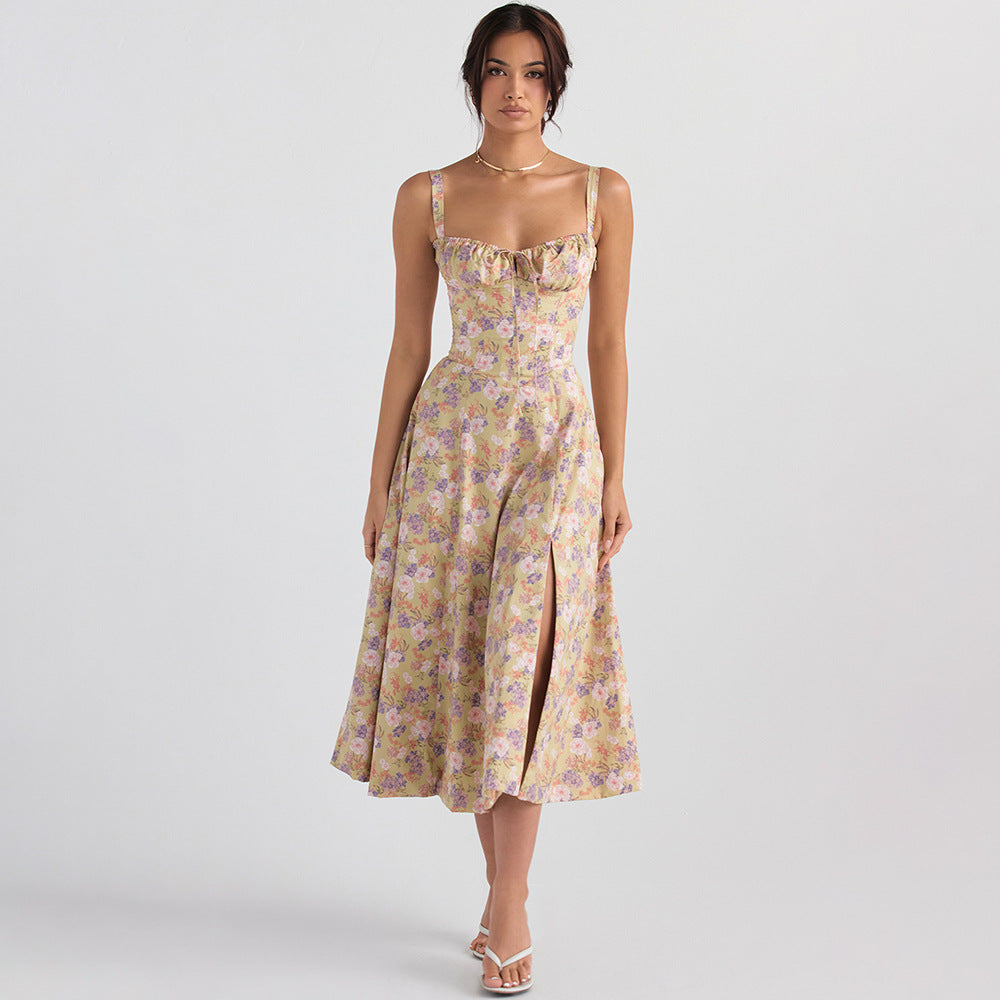 Sexy Backless Floral Midi Dress for Vacation Style