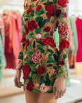 Fashionable Half High Neck Peony Embroidered Dress
