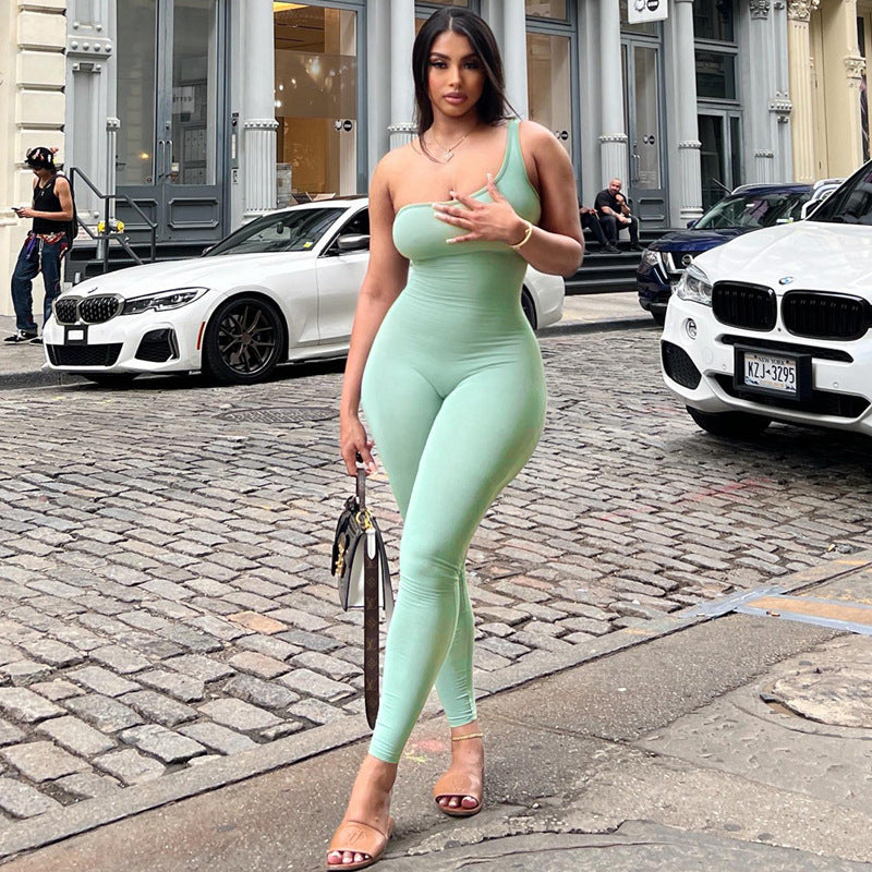 2024 Spring Women's Solid Color One-Shoulder Jumpsuit