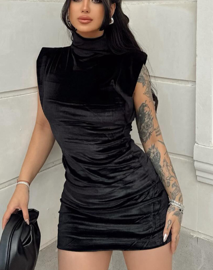Sleeveless Velvet Mini Dress with Shoulder Pads for Women