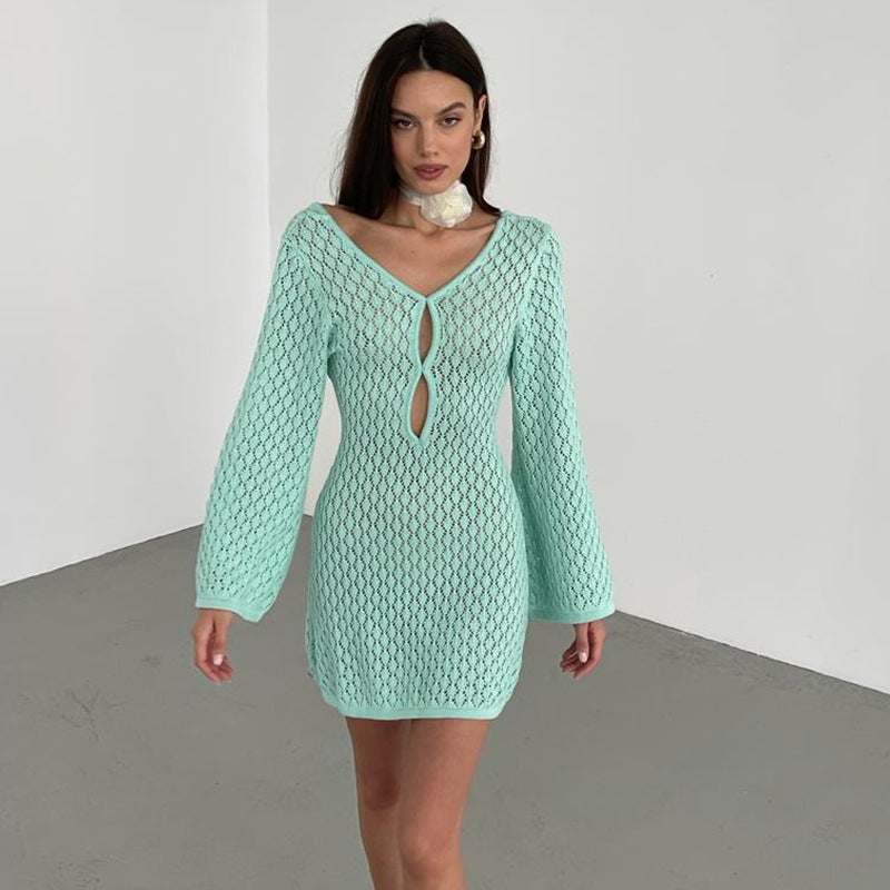 Summer Women's Solid Color Knitted Beach Cover-Up Dress