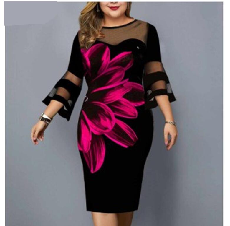 Plus Size 5XL Vintage Floral Mesh Patchwork Dress