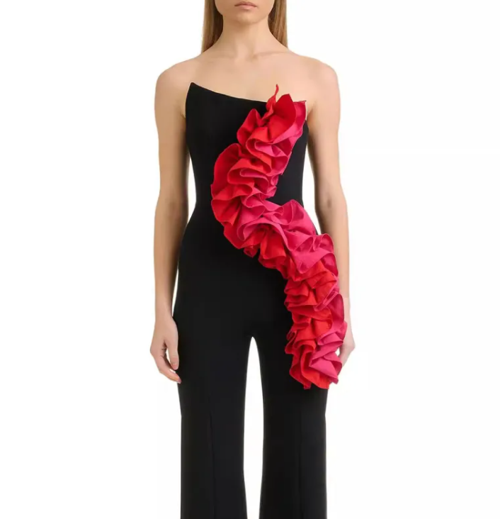Red Applique Wide-Leg Bandage Jumpsuit
