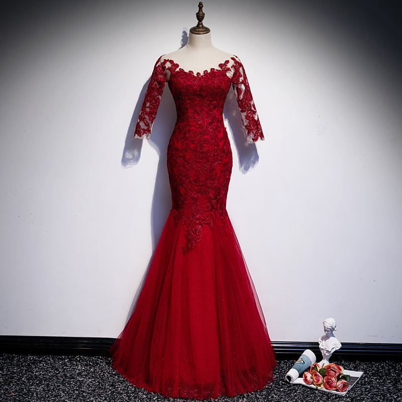 Elegant Long Fishtail Red Evening Dress for Brides