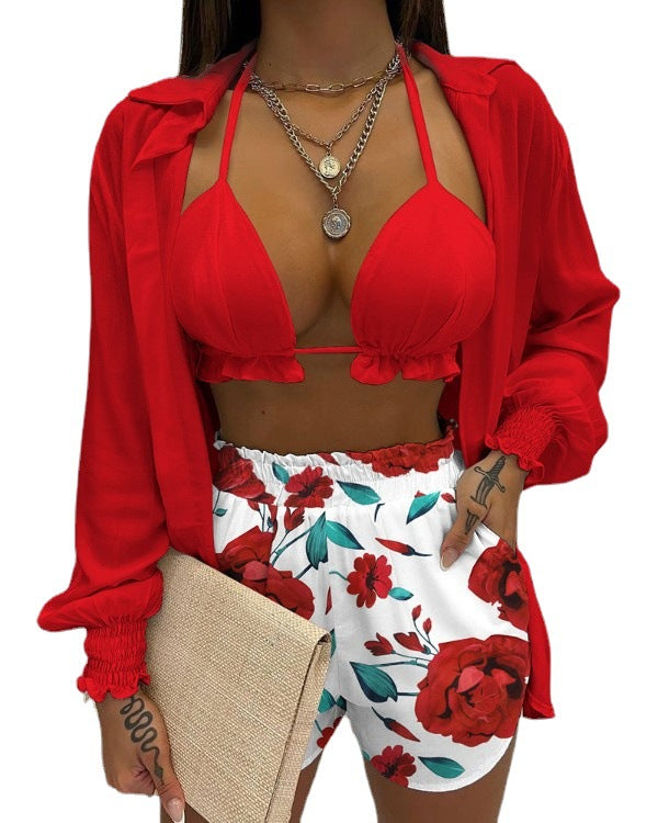 Tropical Print Lantern Sleeve Shirt and Shorts Set