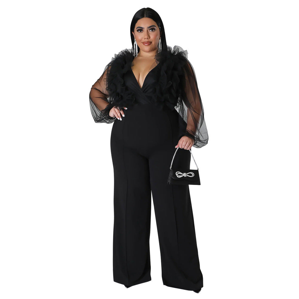 Plus Size Mesh Jumpsuit with Ruffles and Deep V Neck