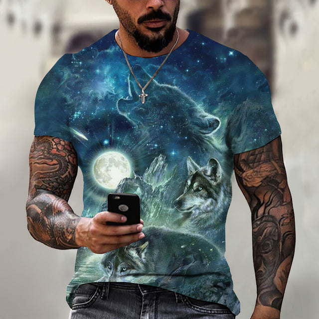 Men's Casual Short Sleeve T-Shirt with Wolf Pattern