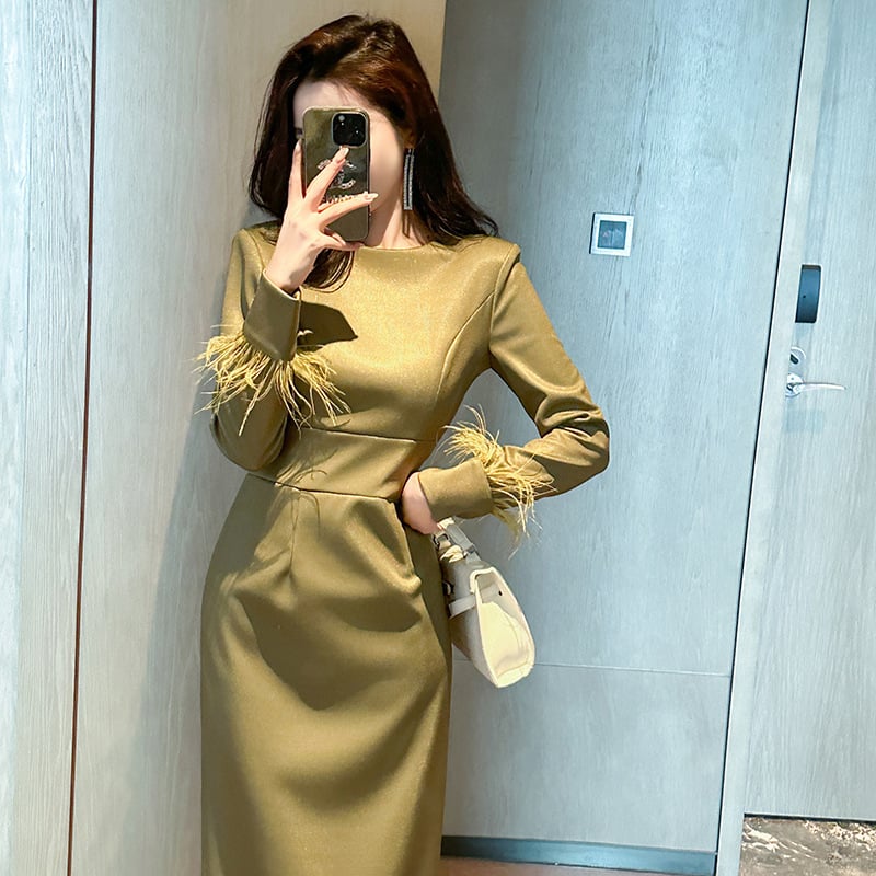 Mustard Green Slim Fit Slimming Dress