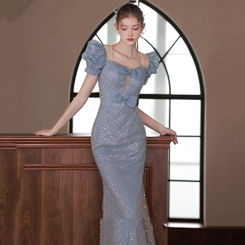 Beaded Shoulder Blue Host Dress