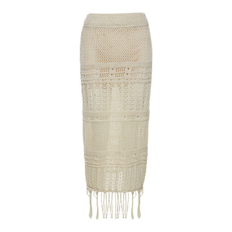 Solid Color Slim High Waist Fringe Side Half Skirt