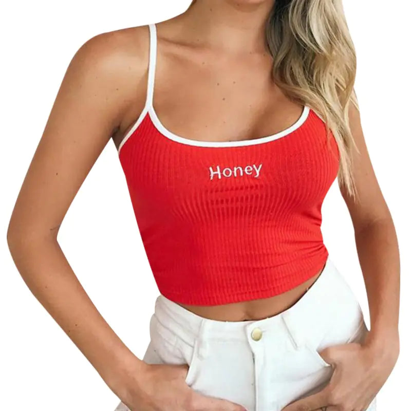 Letter Embroidered Crop Top with Spaghetti Straps