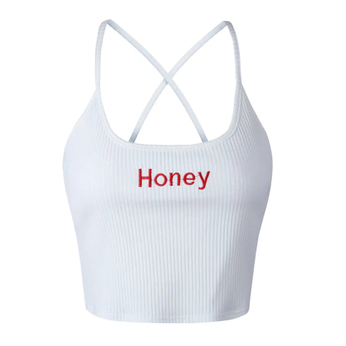Letter Embroidered Crop Top with Spaghetti Straps