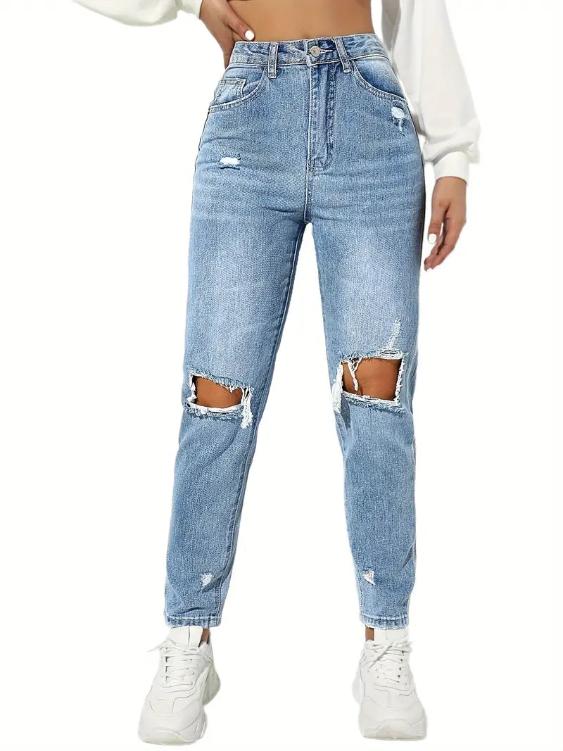 High Rise Ripped Knee Slim Fit Women's Denim Jeans