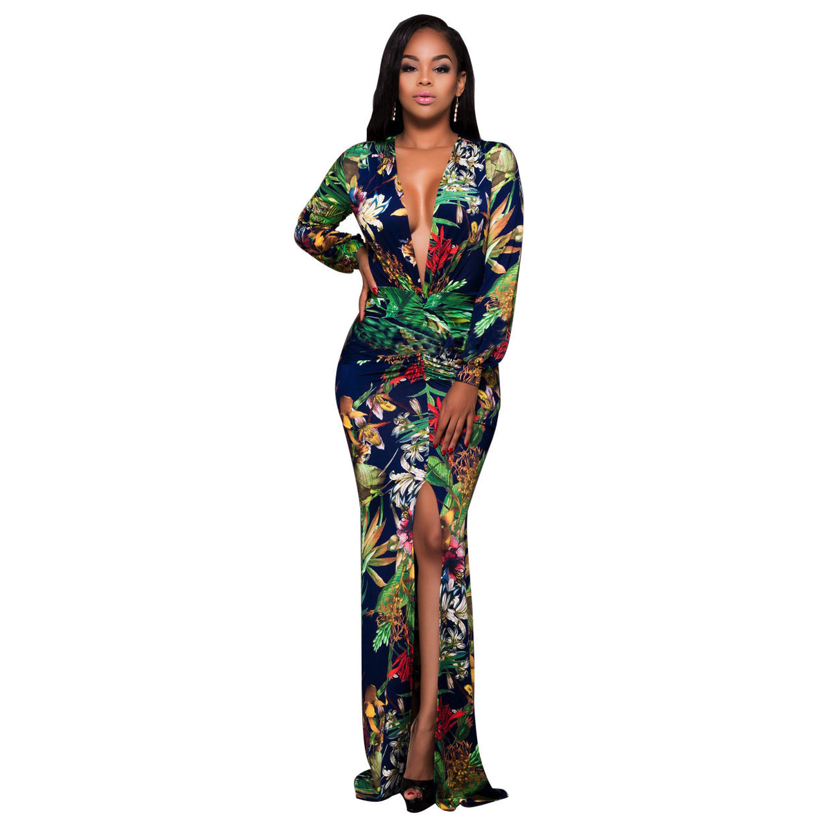 Floral V-Neck Split Maxi Dress